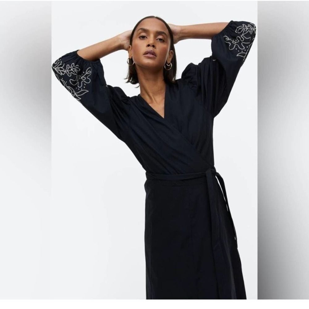 H&M Boho Dress Embroidered Balloon Bell Sleeves Wrap Black Size S Summer NWOT - Picture 7 of 10